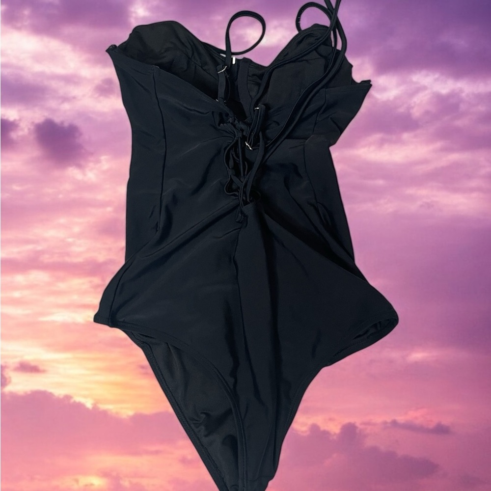 Sleek Black One Piece Swimsuit with Lace-Up Draw String-Neck